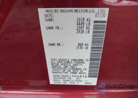 2020 Nissan Altima Sl Intelligent Awd z USA, uszkodzony, nr VIN 1N4BL4EW3LC265816